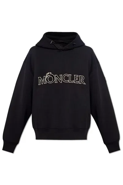 Moncler Logo Embroidered Drawstring Hoodie In Black