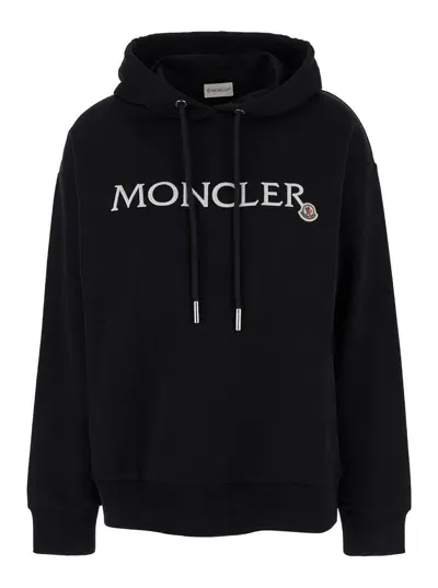 Moncler Logo Embroidered Drawstring Hoodie In Black