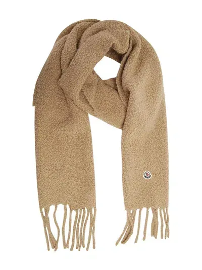 Moncler Logo Patch Brushed Fringed Scarf In Brown