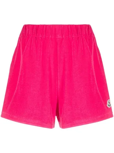 Moncler Logo-patch Velour Shorts In Pink