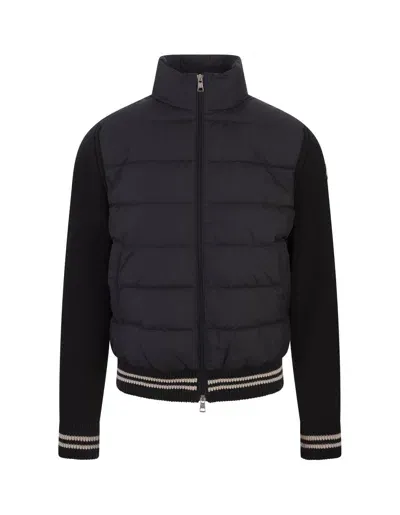 Moncler Navy Blue Padded Cardigan With Striped Pattern In Black