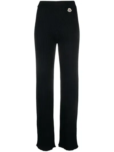 Moncler Ribbed-knit Logo-patch Trousers In Black