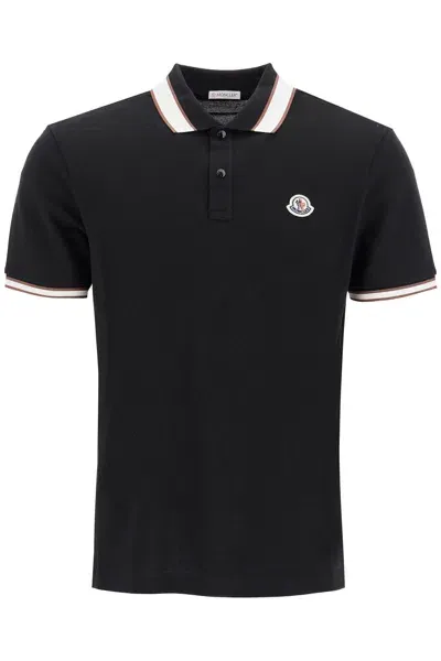 Moncler Striped Polo Shirt With Detailed Accents In Black