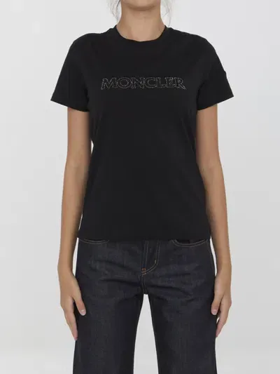 Moncler T-shirt With Rhinestone Logo In Black