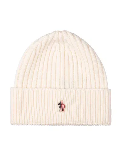 Moncler White Ribbed Wool Beanie With Logo Patch