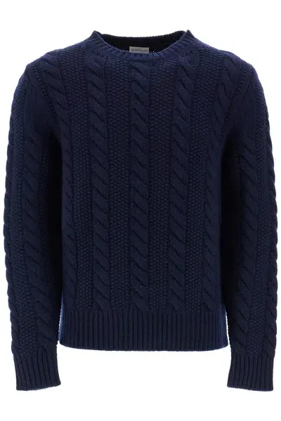 Moncler Wool And Cashmere Cable Knit Pullover In Blue