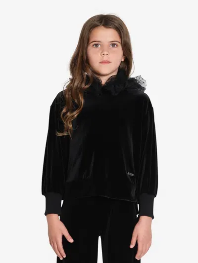 Monnalisa Kids' Point D'esprit-mesh Velvet Hoodie In Black