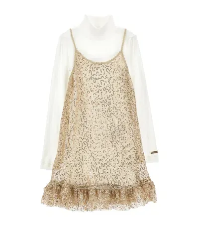 Monnalisa Kids' High-neck Top And Embellished Dress Set In Gold