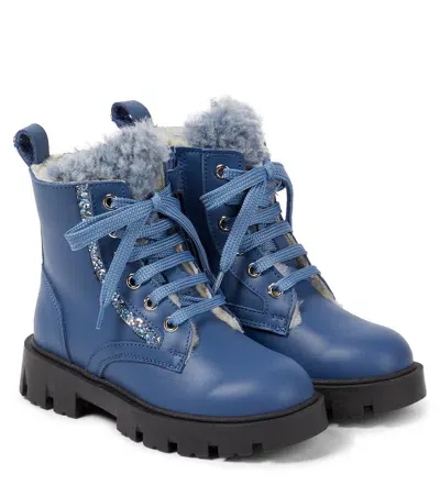 Monnalisa Kids' Shearling-lined Leather Ankle Boots In Blue