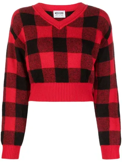 Moschino Check-pattern Wool-blend Jumper In Red