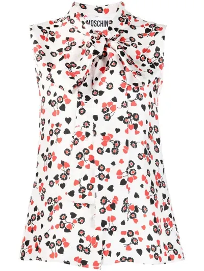 Moschino Floral-print Pussy-bow Collar Top In White