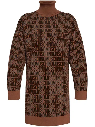 Moschino Intarsia-knit Logo Dress In Brown