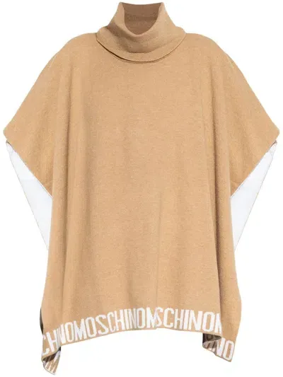 Moschino Intarsia Knit-logo Poncho In Beige