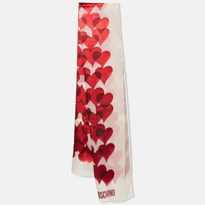 Pre-owned Moschino Larioseta Red Hearts Satin Trim Silk Scarf