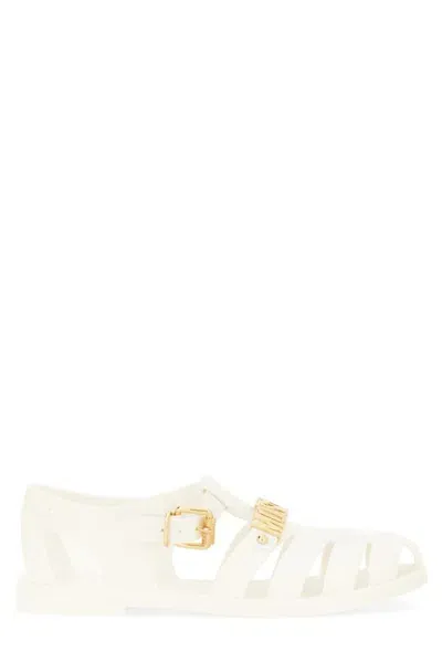 Moschino Logo Lettering Round Toe Sandals In White