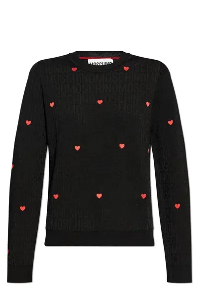 Moschino Heart-embroidered Intarsia-knit Jumper In Black