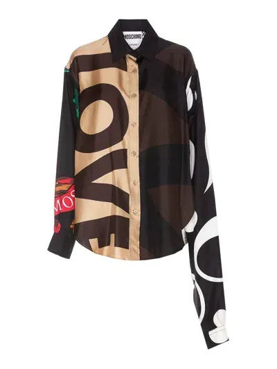 Moschino Patchwork Silk Twill Shirt In Brown