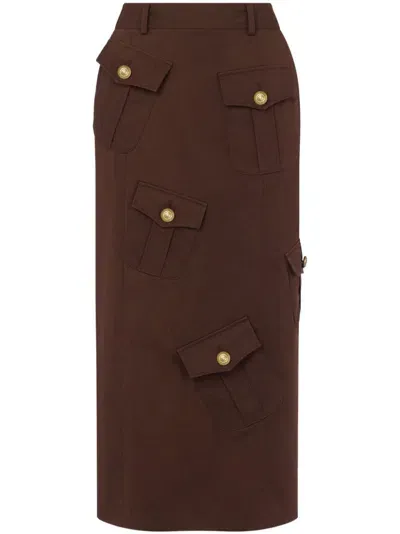 Moschino Pockets Cotton-wool Blend Skirt In Brown