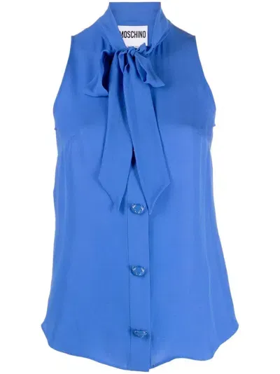 Moschino Pussbow-collar Silk Shirt In Blue