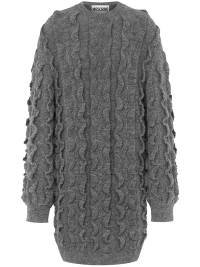 Moschino Ruffled Virgin-wool Blend Knitted Dress In Grey