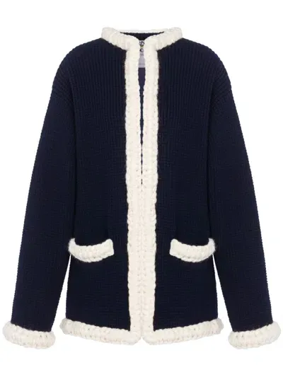 Moschino Waffle Knit Virgin Wool Cardigan In Blue