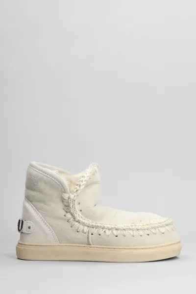 Mou Eskimo Sneaker Low Heels Ankle Boots In Beige Suede In White