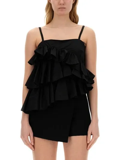 Msgm Asymmetric Ruffle Top In Black