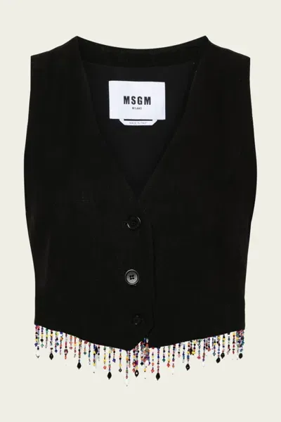 Msgm Blended Linen Embroidered Vest In Black