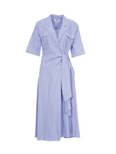 Msgm Bowed Waistline Poplin Midi Dress In Blue