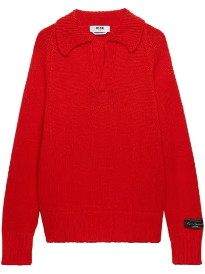 Msgm Classic Collar Sleeve Patch Jumper In Red