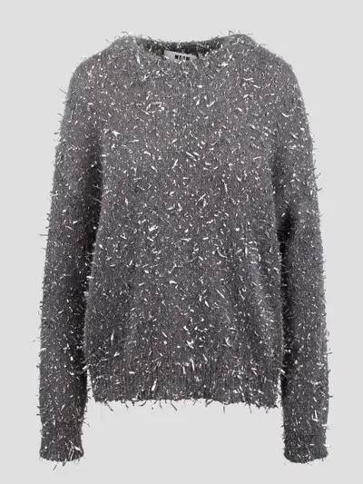 Msgm Frayed Effect Crew Neck Sweater In Grey