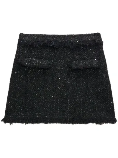 Msgm Frayed-trim Bouclé Miniskirt In Black