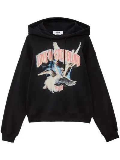 Msgm Graphic-print Cotton Hoodie In Black