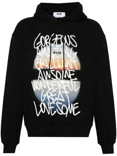 Msgm Graphic-print Cotton Hoodie In Black