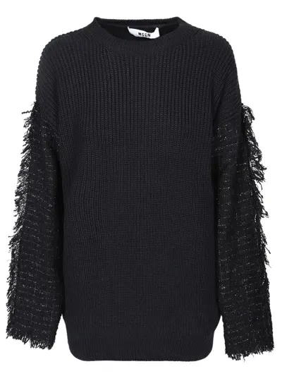 Msgm Frayed-detaling Ribbed-knit Jumper In Black