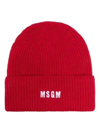 Msgm Logo-embroidered Beanie In 红色