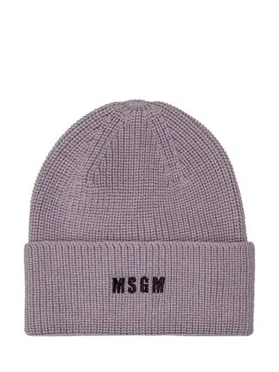 Msgm Logo Embroidered Ribbed Knitted Beanie In Purple