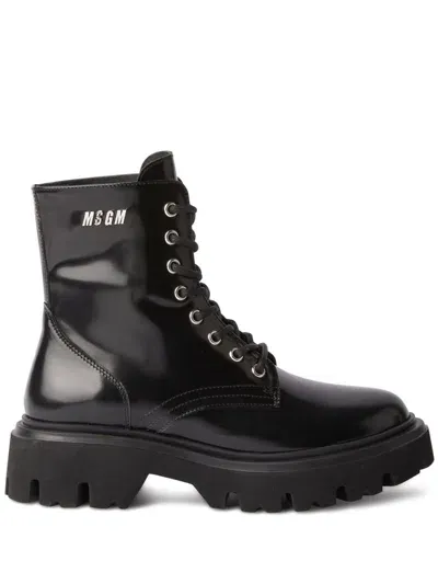 Msgm Logo-lettering Leather Combat Boots In Black