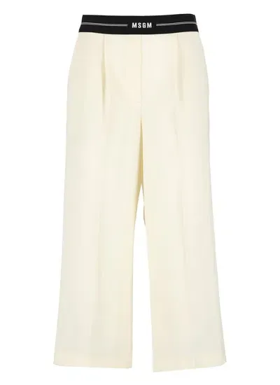 Msgm Logo-waistband Cropped Trousers In White