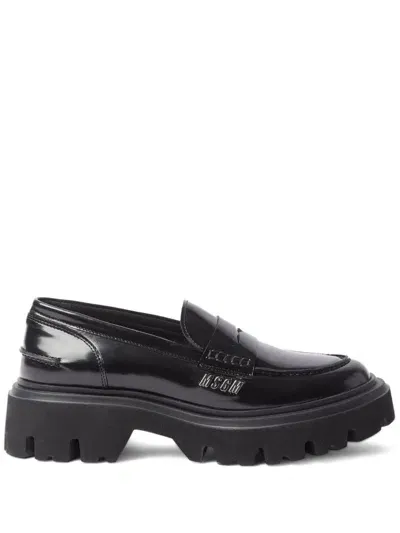 Msgm Polished Leather Penny Loafers In Black