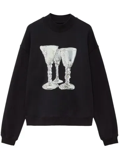 Msgm Rhinestone-print Cotton Sweatshirt In Black