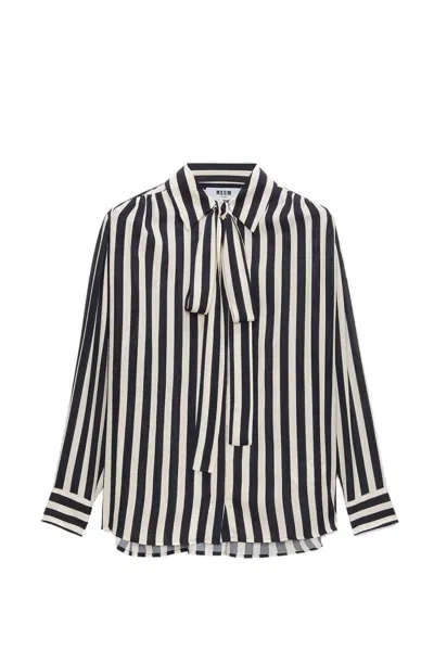 Msgm Tie-neck Striped Shirt In Black