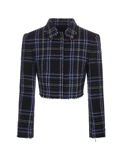 Msgm Short Jacket In Blue Tweed With Maxi Check Pattern In Multi