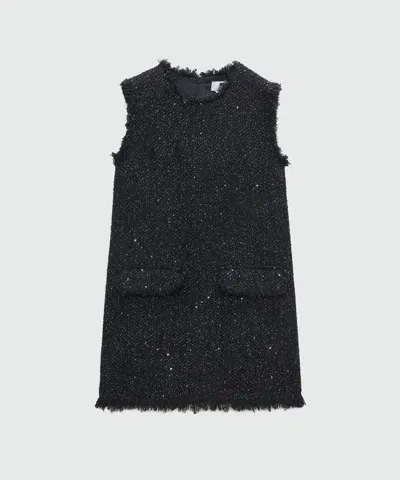 Msgm Frayed-edge Tweed Mini Dress In Black