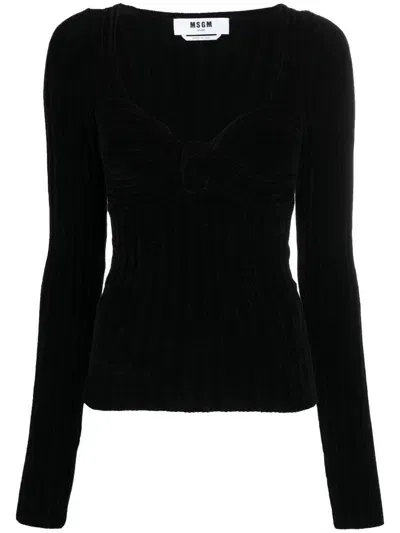 Msgm Twist-front Ribbed Long-sleeve Top In Black