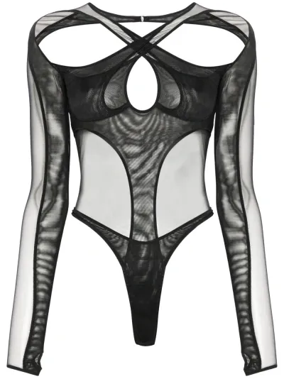 Mugler Black Sheer Mesh Bodysuit