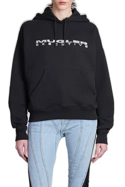 Mugler Logo Detailed Drawstring Hoodie In Black