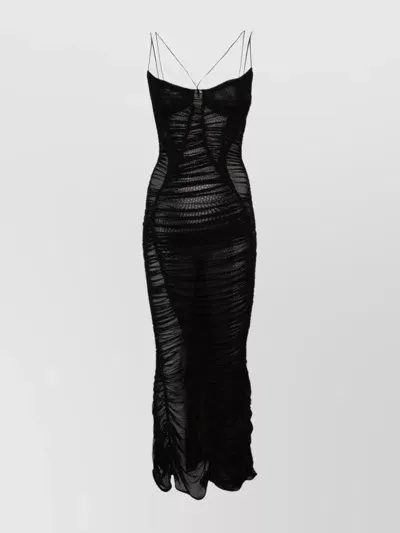 Mugler Mesh Fitted Midi Dress In Black