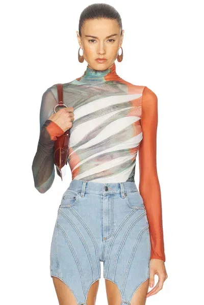 Mugler Mesh Long Sleeve Top In White & Archive Photo