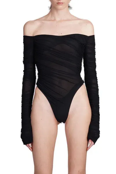 Mugler Off-shoulder Mesh Bodysuit In Black